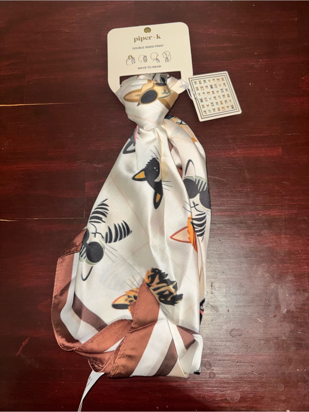 Piper Kids Cat Print Silk Scarf - Cream & Brown